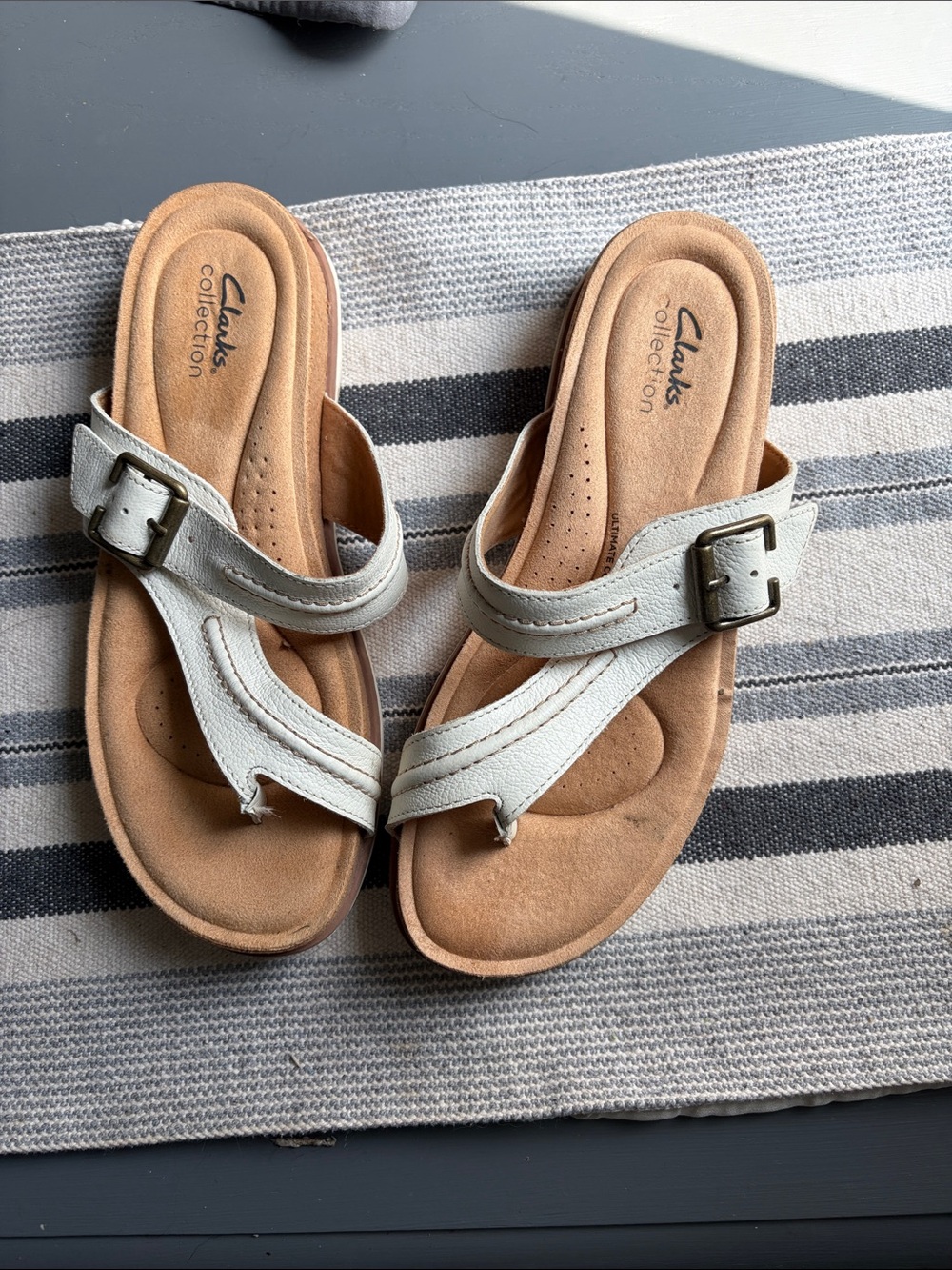Clarks white tan sandals with buckle